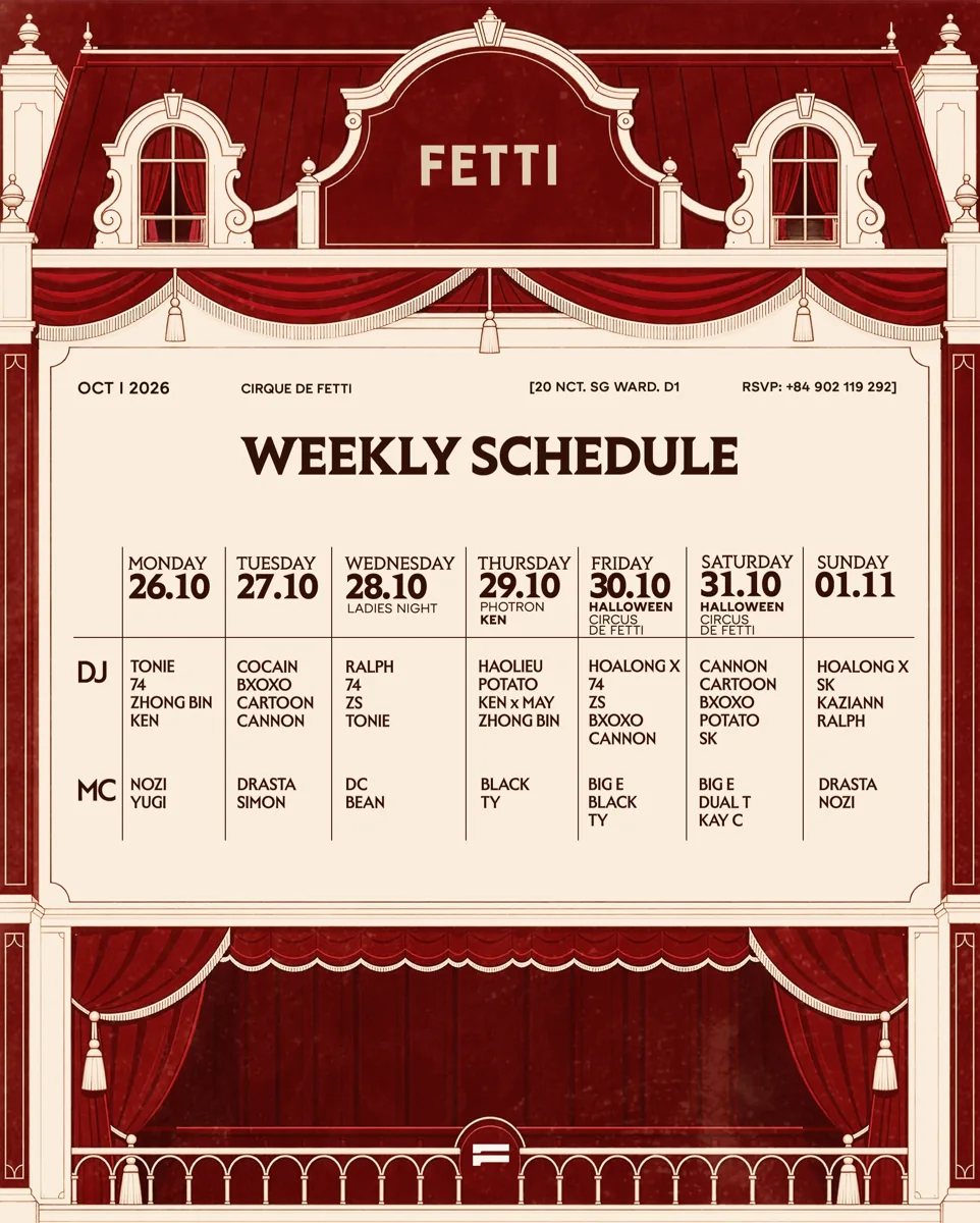 FETTI weekly DJ and MC programme for 26 October through 1 November 2026; this listing is one dated session.
