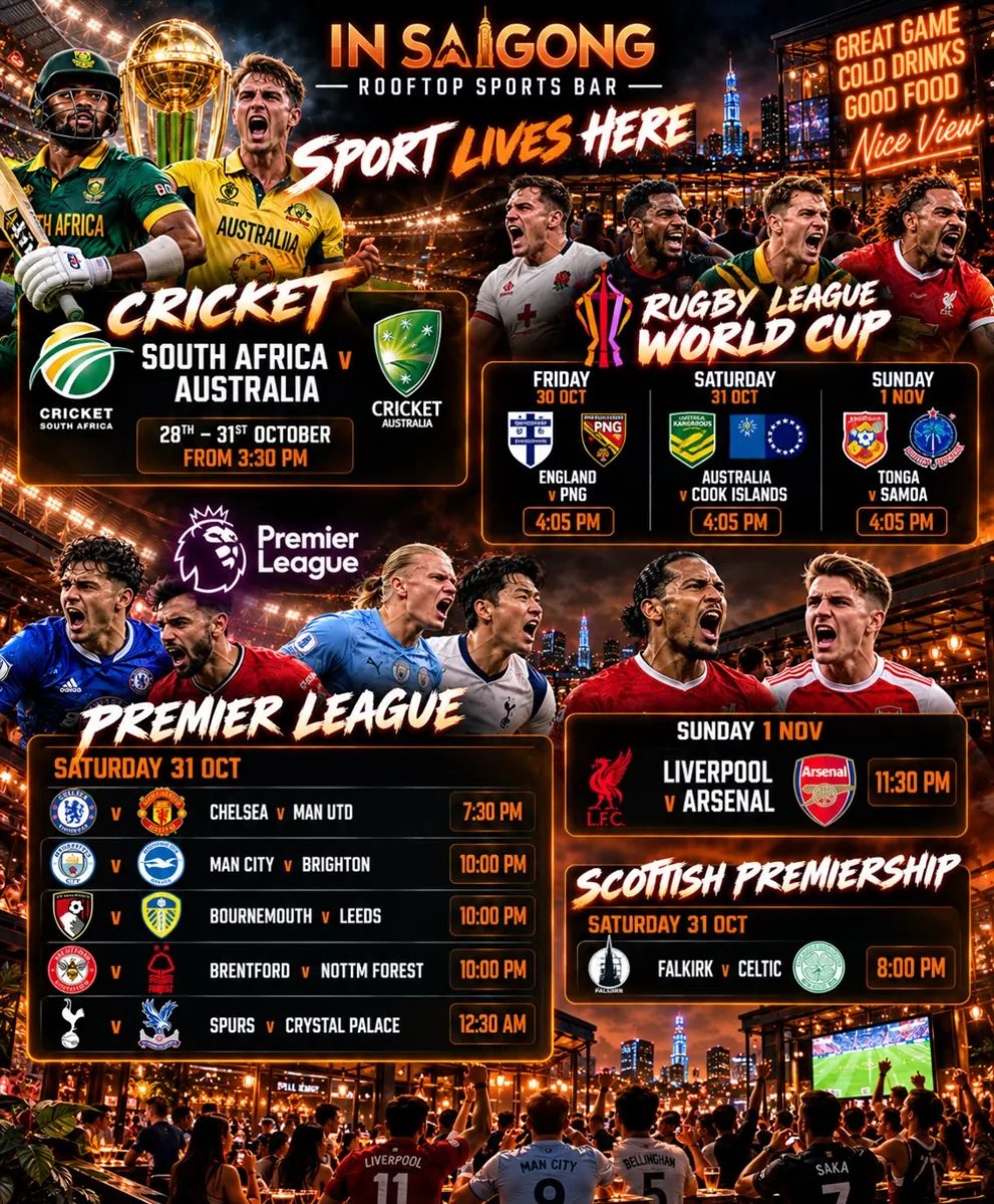 In SaiGong sports programme, 28 October–1 November 2026, including cricket, rugby league and football screenings.