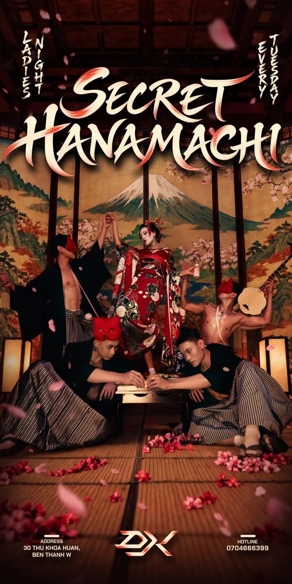 District K Secret Hanamachi promotional image showing the Japanese-themed ladies night and the 30 Thu Khoa Huan venue.