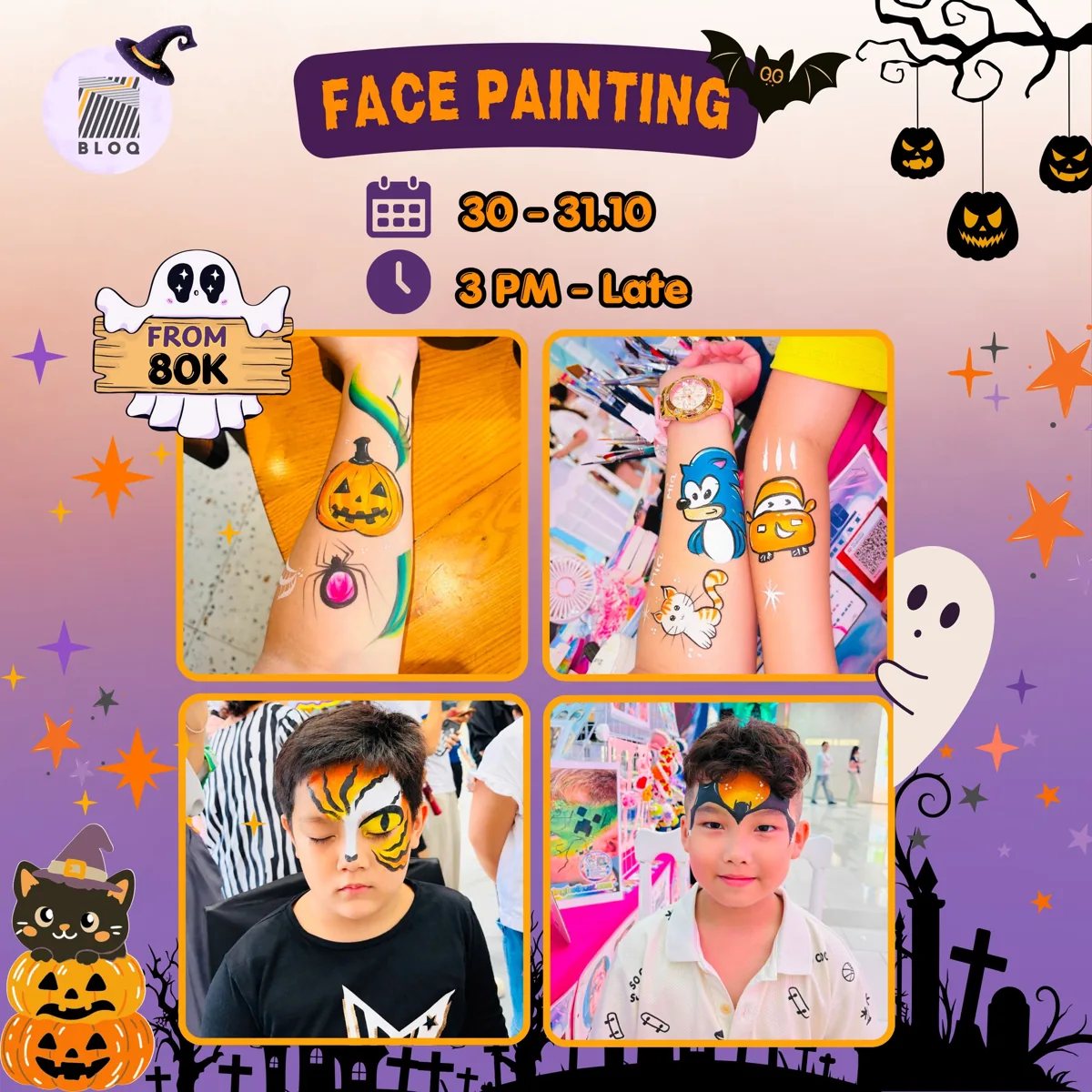 Halloween face painting at BLOQ Saigon: 30-31 October, 3 PM until late, from 80K VND; photos of face and body painting examples