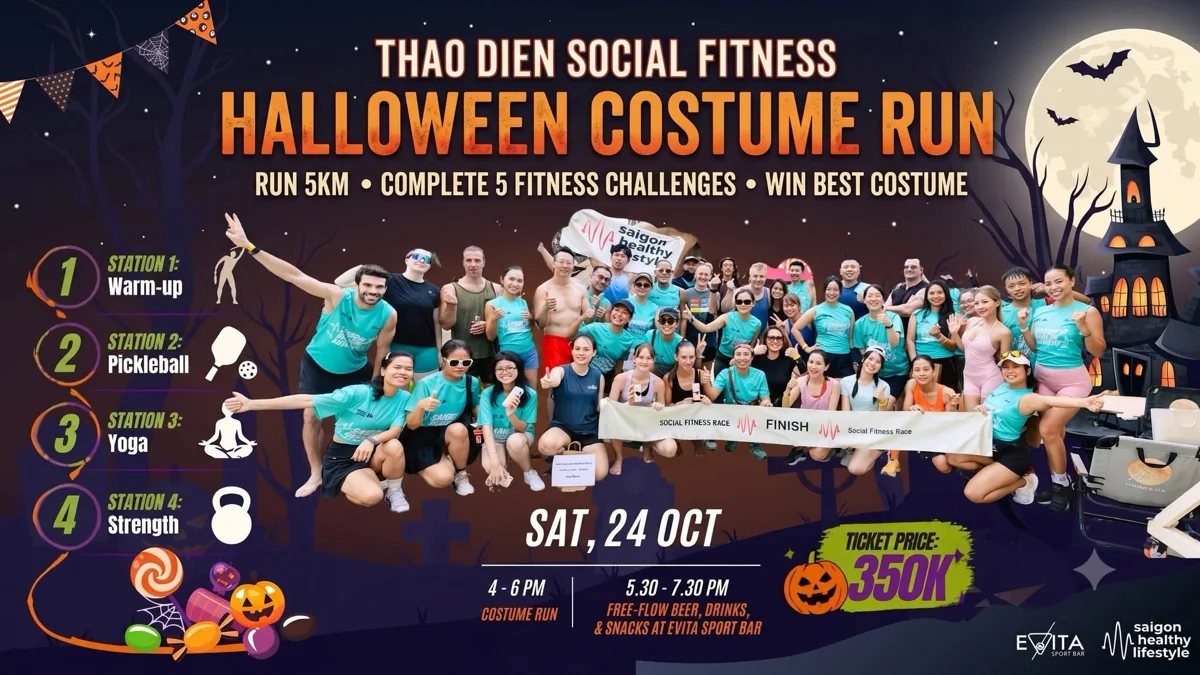 Halloween Costume Run poster for Thao Dien Social Fitness on October 24, 2026, at Evita Sports Bar, showing run details, fitness stations, and 350K ticket price