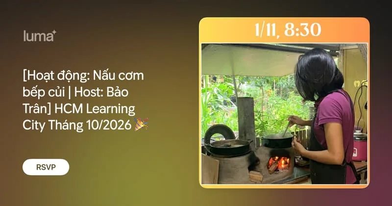 Luma event card for Cook on a Wood-Fired Stove with Bảo Trân on 1 November at Vườn Xà Bần.
