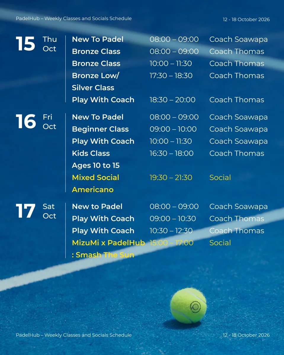 PadelHub weekly schedule showing Friday 16 October Mixed Social Americano, 19:30–21:30