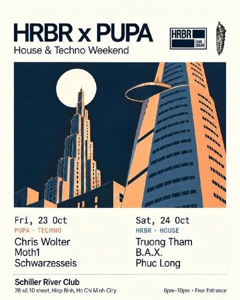 HRBR x PUPA House & Techno Weekend poster: Fri 23 Oct PUPA techno and Sat 24 Oct HRBR house at Schiller River Club, 6pm-10pm, free entrance.