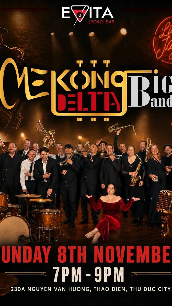 Mekong Delta Big Band Jazz Night poster: Evita Sports Bar, Sunday 8th November 7PM–9PM, 230A Nguyen Van Huong Thao Dien Thu Duc City, large ensemble photo