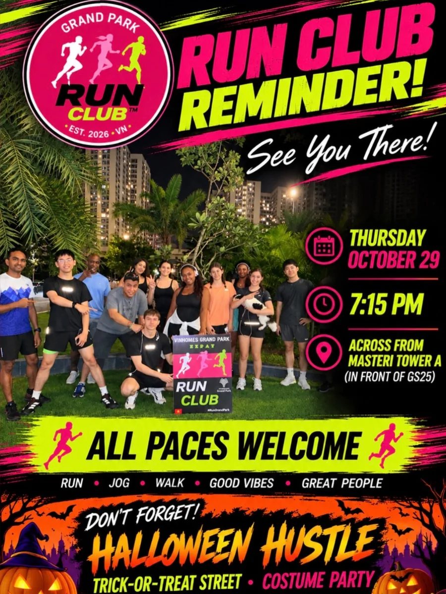 Run Club Reminder poster: Thursday October 29, 7:15 PM, Across from Masteri Tower A (GS25), All Paces Welcome; group photo of runners at Vinhomes Grand Park