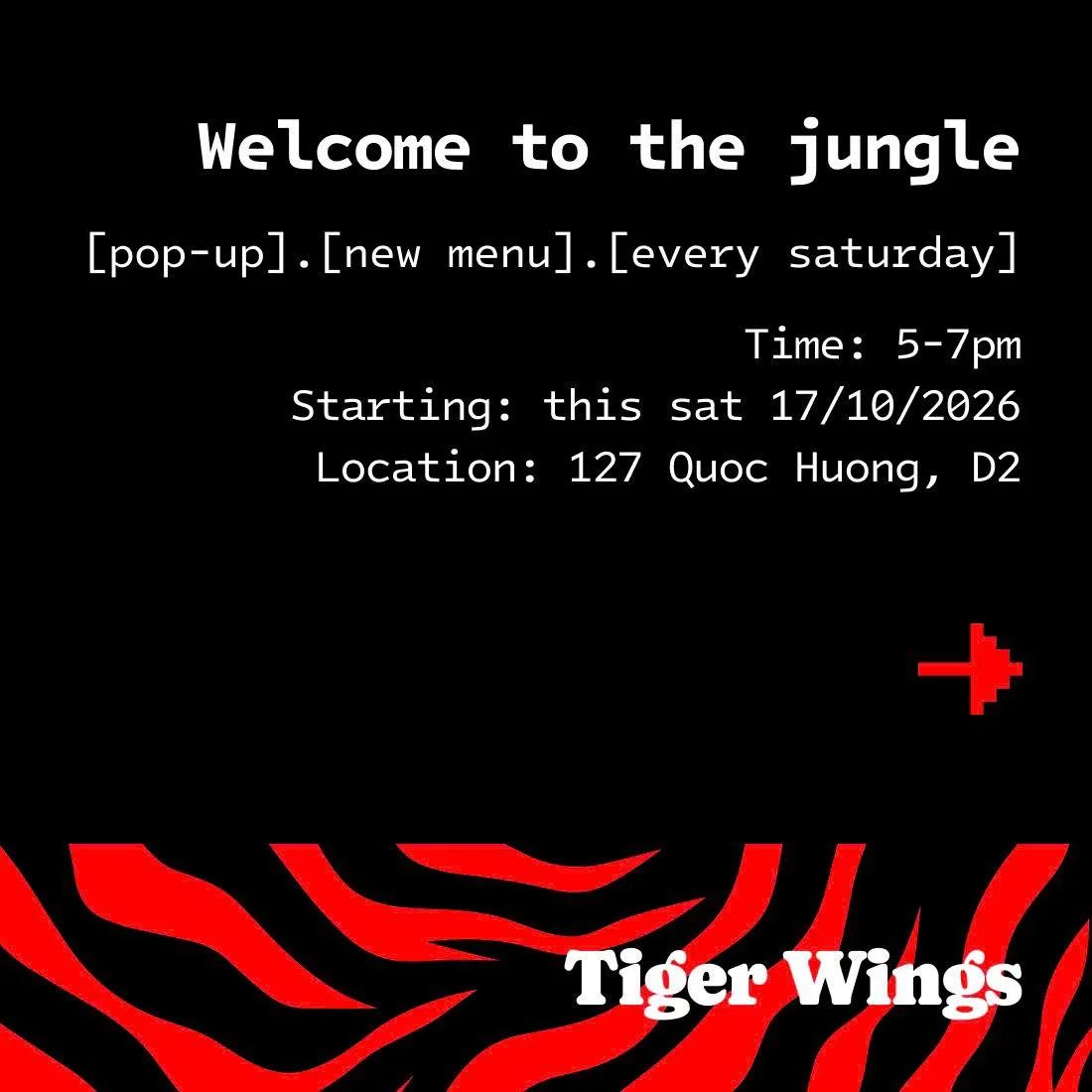 One Wing Tiger Wings pop-up poster, every Saturday 5-7pm