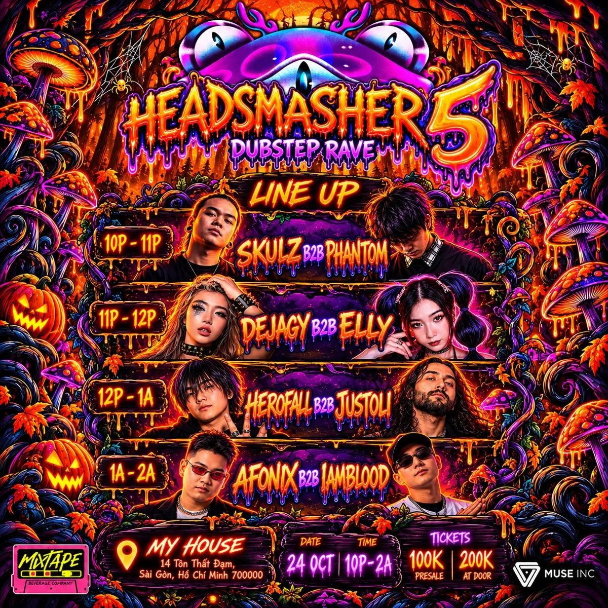 Headsmasher 5 full lineup poster — 24 Oct at My House — SKULZ b2b PHANTOM 10P-11P, DEJAGY b2b ELLY 11P-12P, HEROFALL b2b JUSTOLI 12P-1A, AFONIX b2b IAMBLOOD 1A-2A