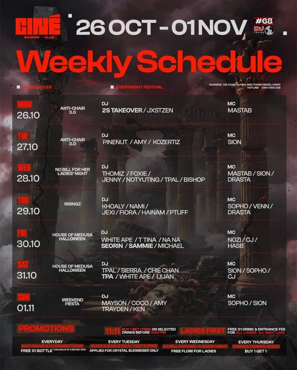 Ciné Saigon weekly schedule for 26 October–1 November, including 2026-11-01 Weekend Fiesta at Ciné Saigon.