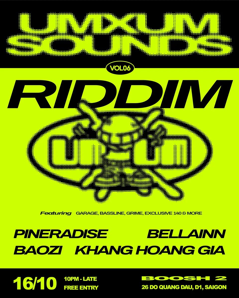 UMXUM Sounds Riddim poster for 16 October, 10 PM till late at Boosh 2, 26 Do Quang Dau, with four named DJs and free entry.