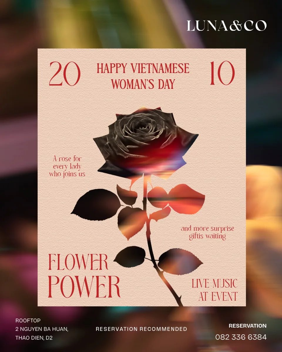 Flower Power Women’s Day poster with 20 October, rose offer and live music.