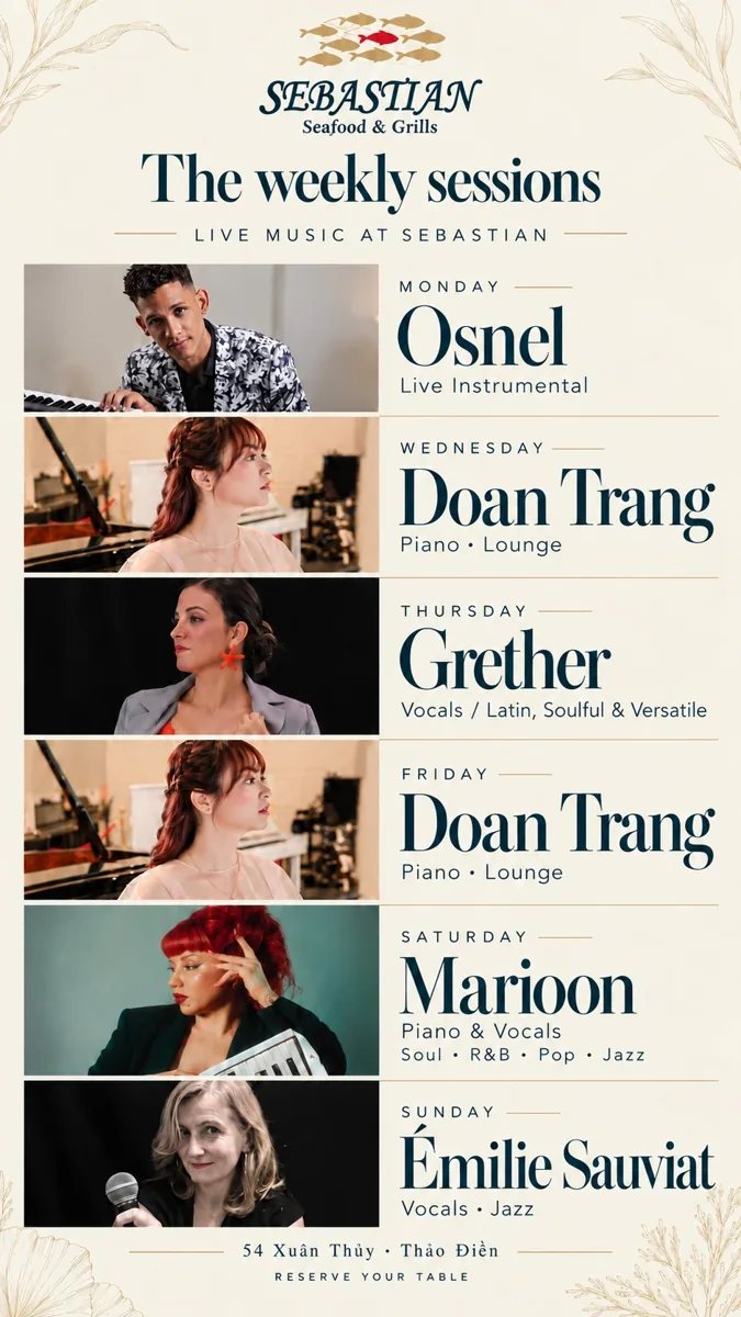 The Weekly Sessions at Sebastian: Monday Osnel; Wednesday and Friday Doan Trang; Thursday Grether; Saturday Marioon; Sunday Émilie Sauviat.