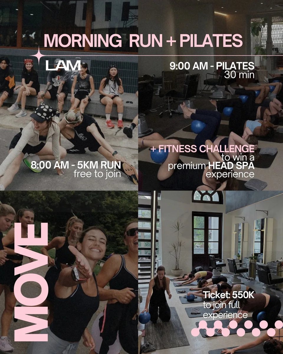 Morning Run + Pilates schedule graphic showing 8AM 5KM Run (free) and 9AM Pilates 30min, Ticket 550K full experience