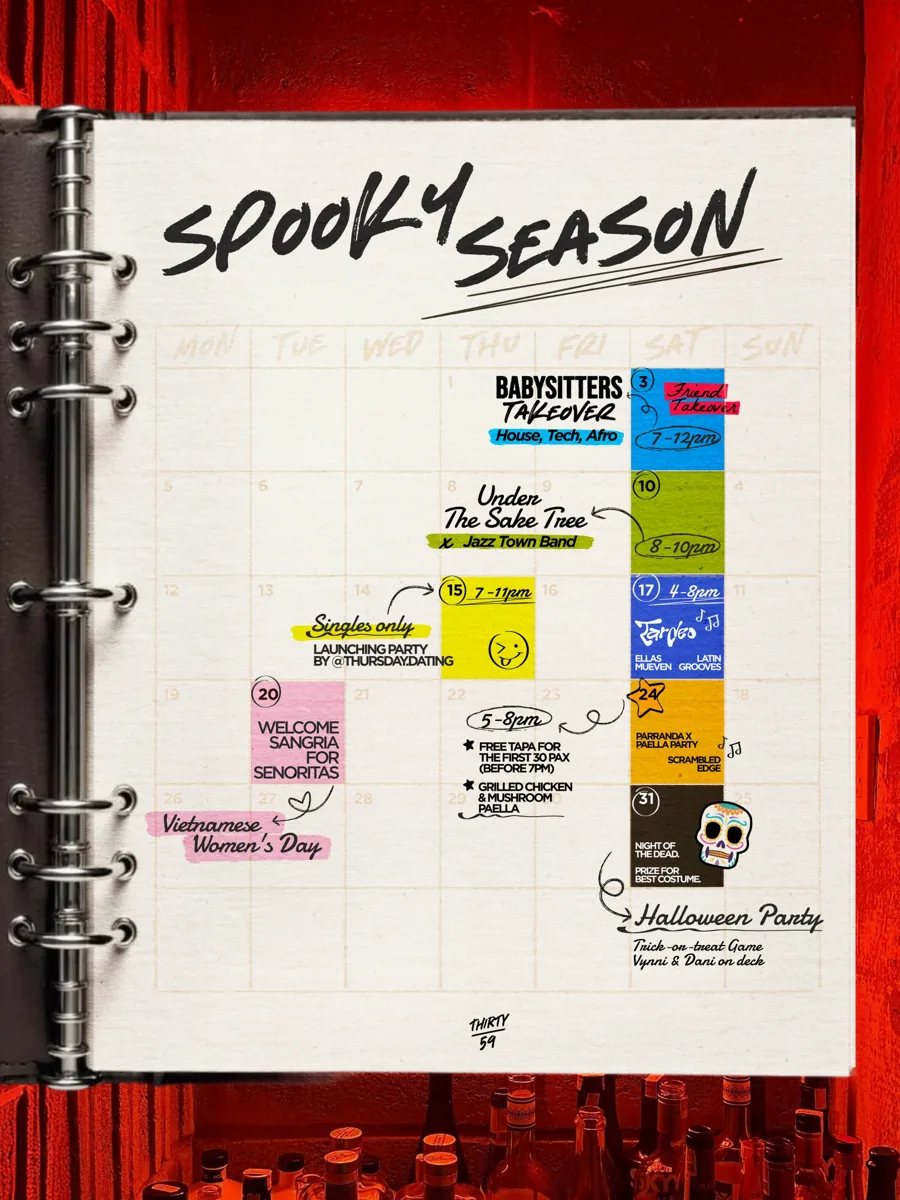 Thirty59 October calendar with Night of the Dead Halloween Party