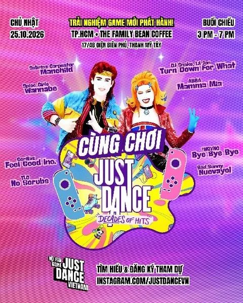 Just Dance Decades of Hits event poster for 25 October at The Family Bean Coffee, 3–7 PM.