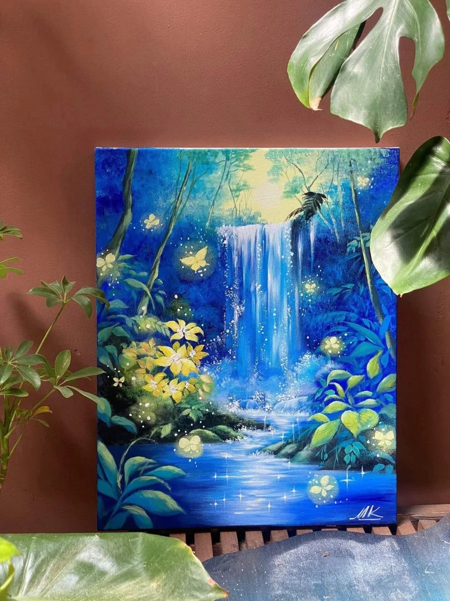 Painting for Summer Dream acrylic painting workshop: blue waterfall and yellow flowers