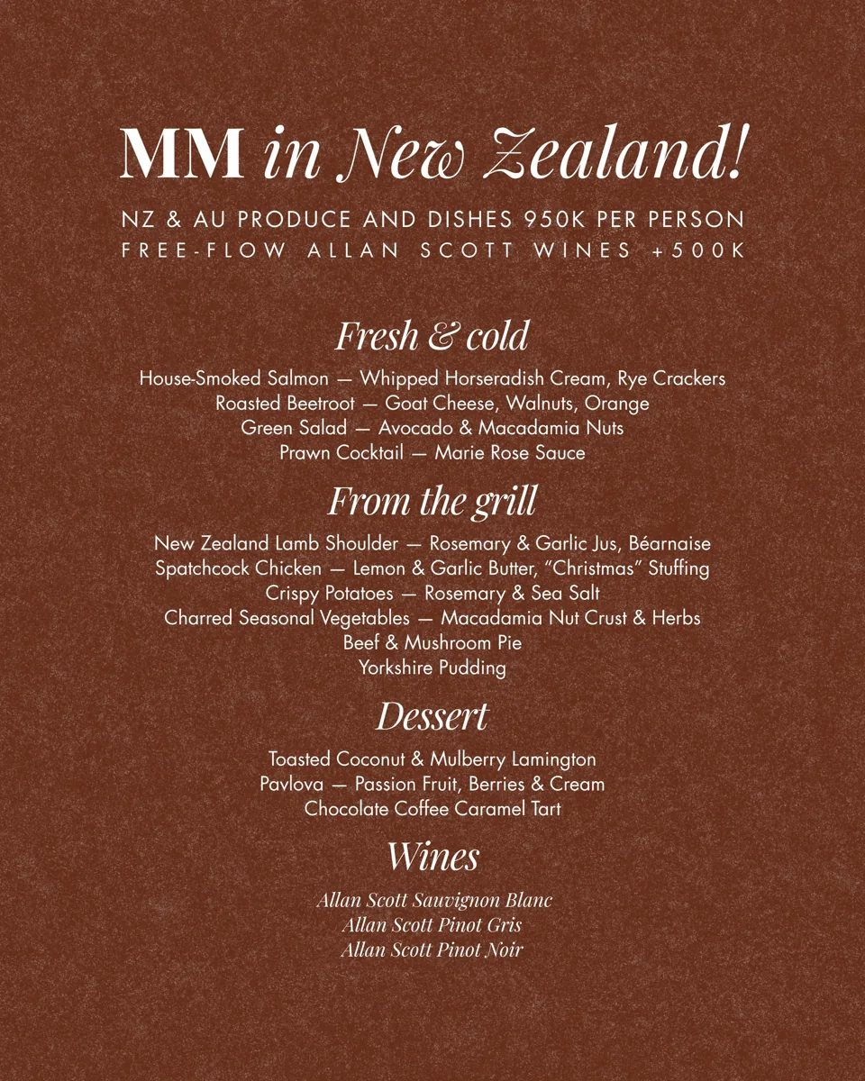 MM in New Zealand menu card, 950K per person, Allan Scott wines +500K