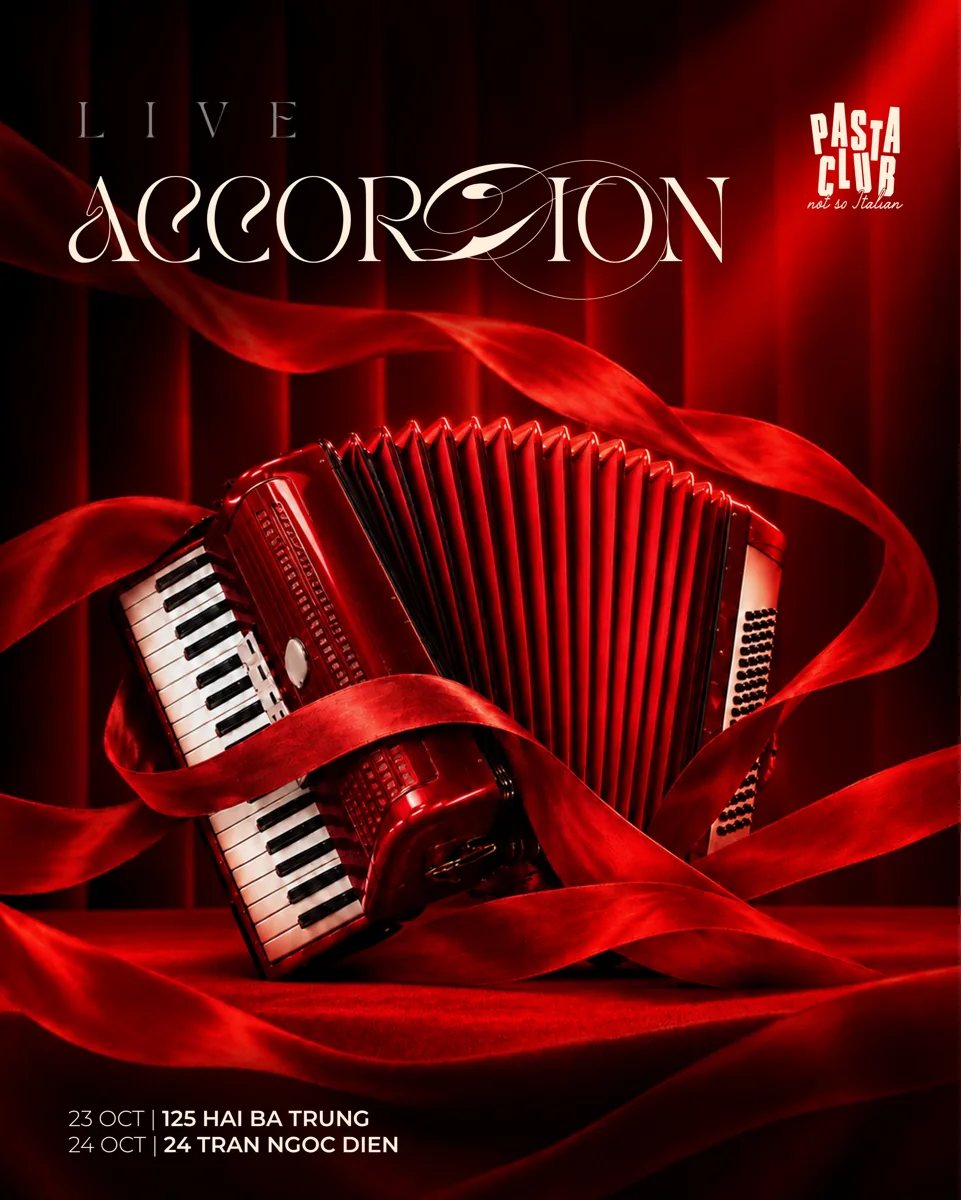 Live Accordion poster listing 23 Oct at 125 Hai Ba Trung and 24 Oct at 24 Tran Ngoc Dien