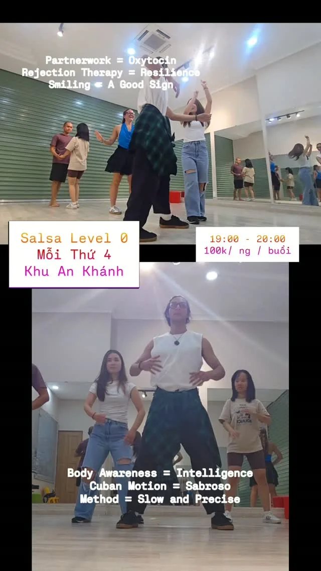 Dance class in studio showing text: Salsa Level 0, Moi Thu 4 (Every Wednesday), Khu An Khanh, 19:00-20:00, 100k per person per session