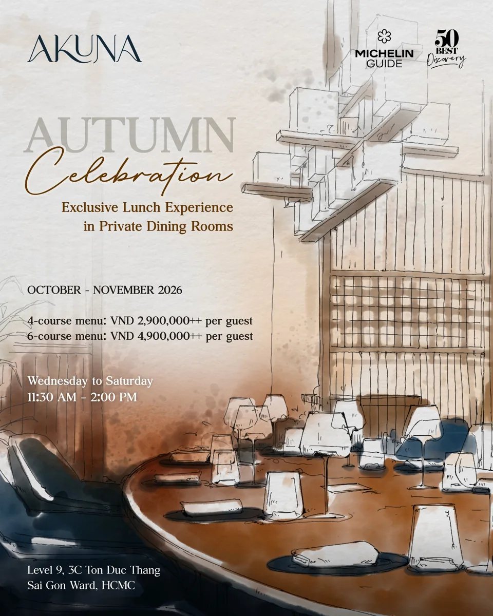 Akuna Autumn Celebration poster covering all Wed-Sat lunch dates Oct 21–31 2026: Private Dining Rooms, 4-course VND 2,900,000++ and 6-course VND 4,900,000++ per guest, 11:30AM-2PM, Level 9 3C Ton Duc Thang.