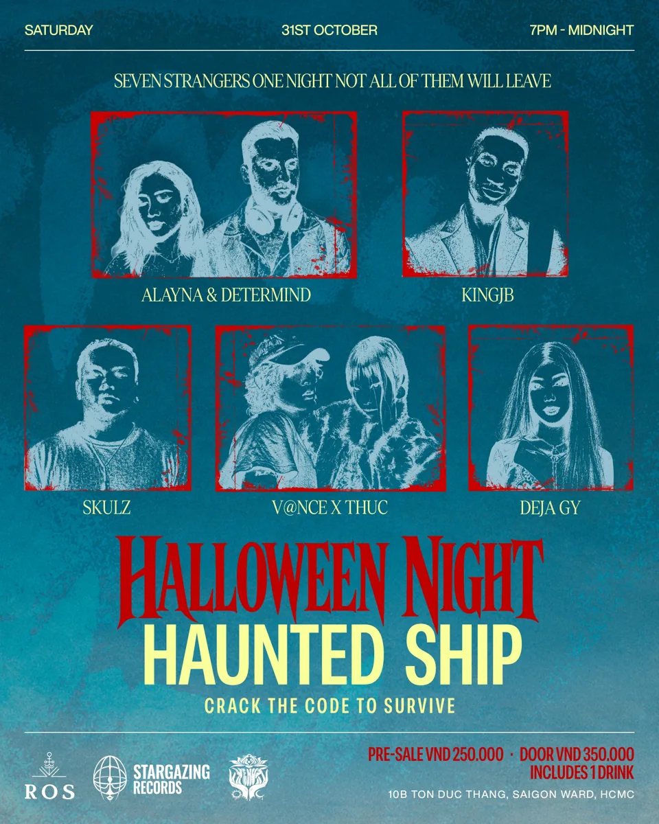 Haunted Ship Halloween Night poster naming DJs and showing 31 October, 7pm to midnight, ticket prices and one included drink.
