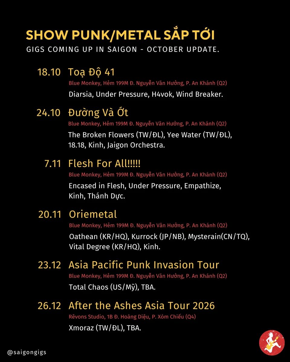 Saigon Gigs October update poster listing six upcoming punk/metal shows in Saigon (Blue Monkey 24.10, 7.11, 20.11, 23.12; Rêvons Studio 26.12)