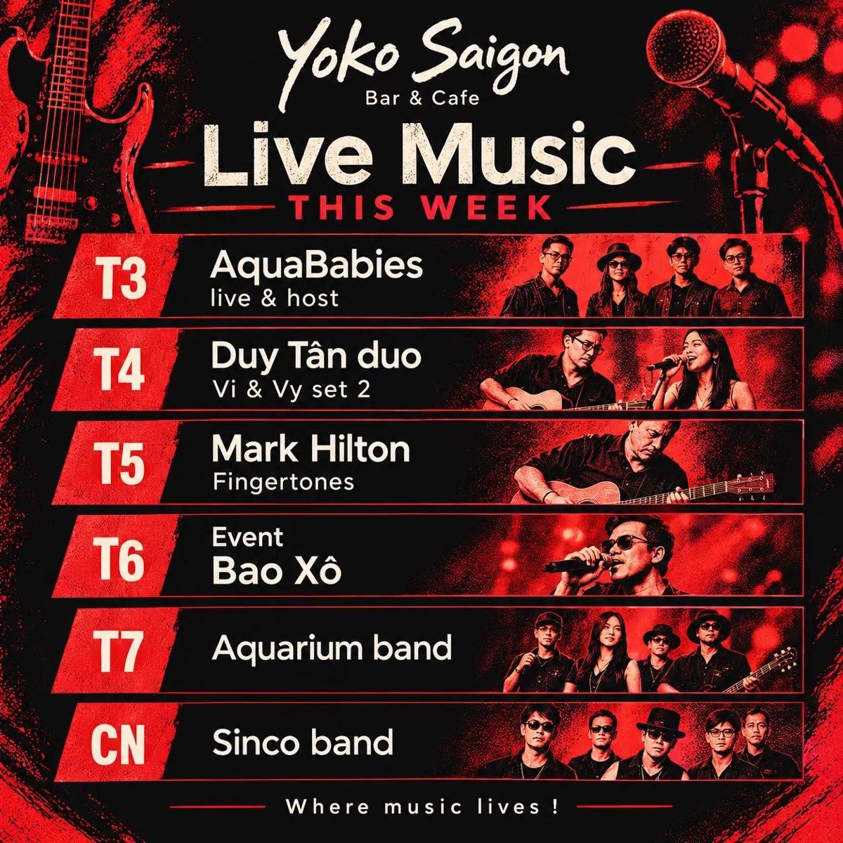 Yoko Saigon weekly live music programme for 13–18 October, including Sinco Band on Sunday.