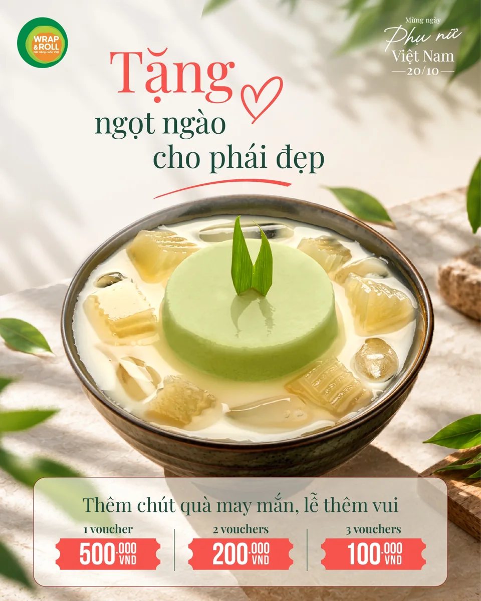 Wrap&Roll Women's Day 20/10 poster: free matcha tofu pudding for women and a lucky draw for 500,000, 200,000 and 100,000 VND vouchers