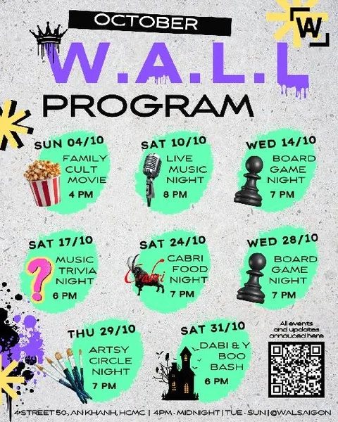 W.A.L.L Bar October 2026 programme: music trivia 17 Oct, Cabri food night 24 Oct, board game night 28 Oct, Artsy Circle 29 Oct, Dabi & Y Boo Bash 31 Oct at 4 Street 50, An Khanh.