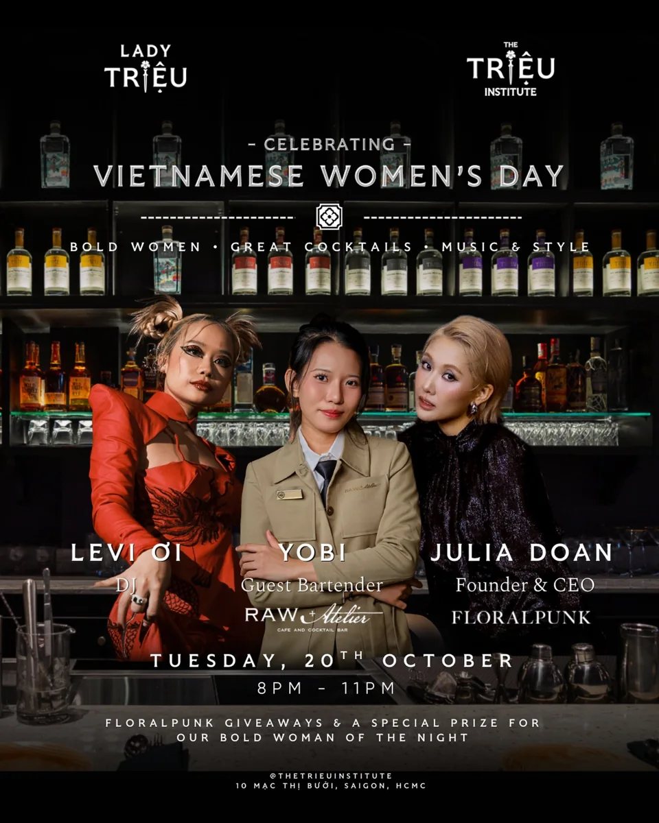 Poster: Celebrating Vietnamese Women's Day at The Triệu Institute, Tuesday 20 October 8PM-11PM with Levi Oi, Yobi and Julia Doan.