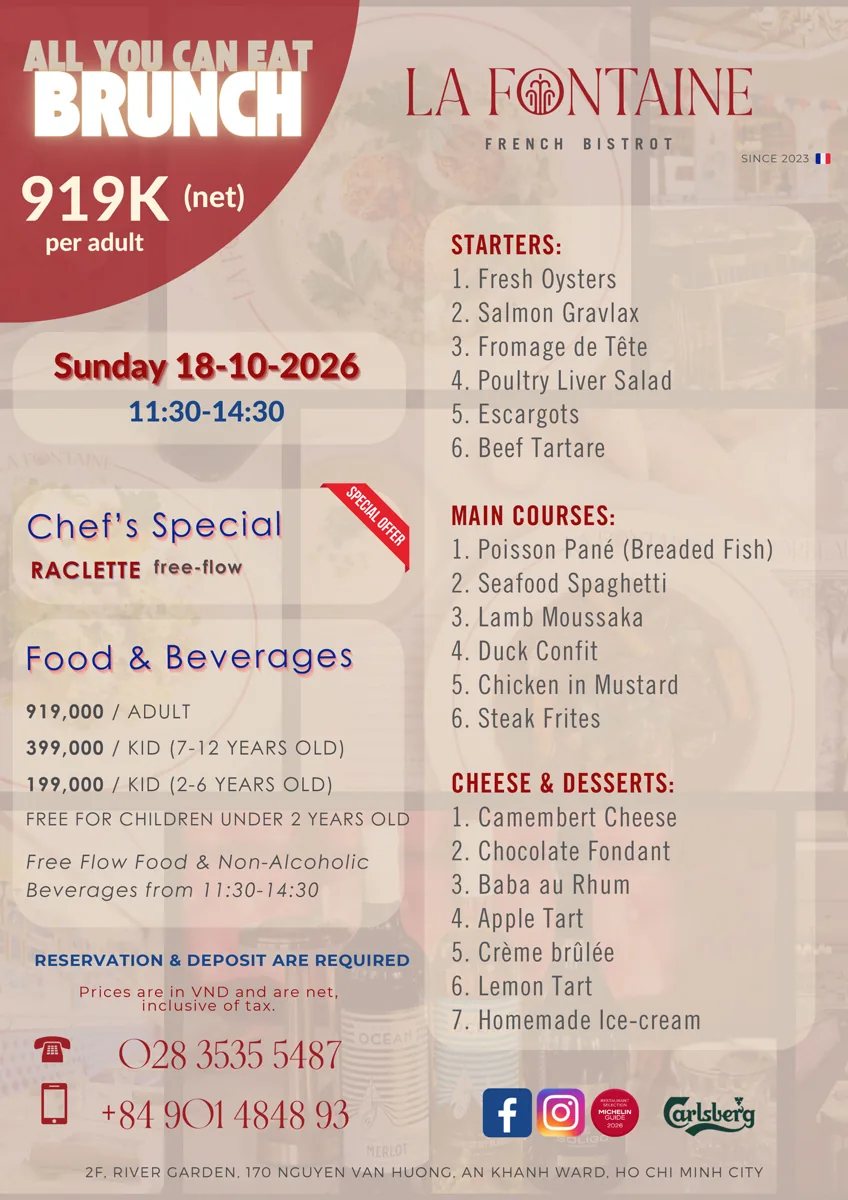 La Fontaine official all-you-can-eat brunch poster: Sunday October 18, 2026, 11:30–14:30 at River Garden, with adult and child prices and reservation required.