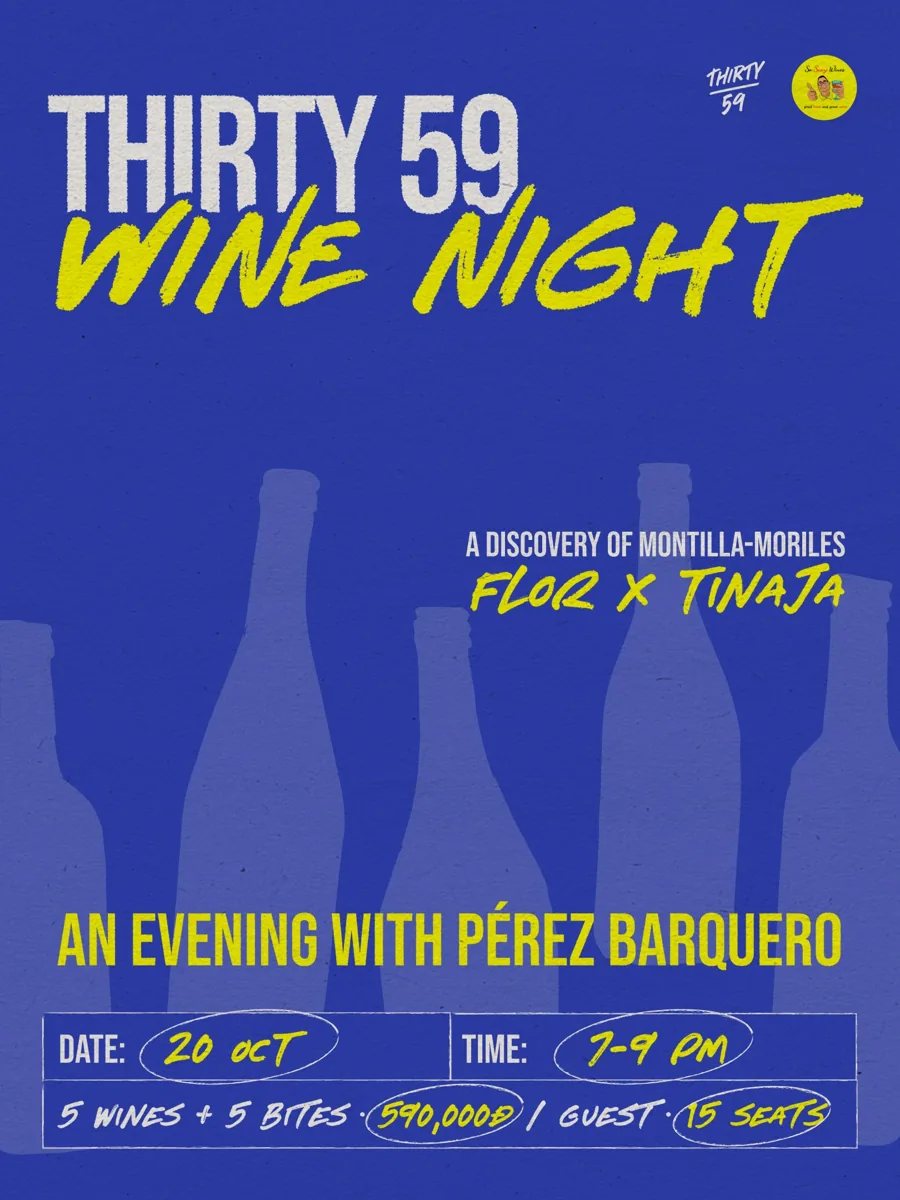 Thirty59 Flor x Tinaja wine dinner poster stating 20 October, 7–9 PM, five wines and five bites, 590,000 VND per guest, 15 seats.