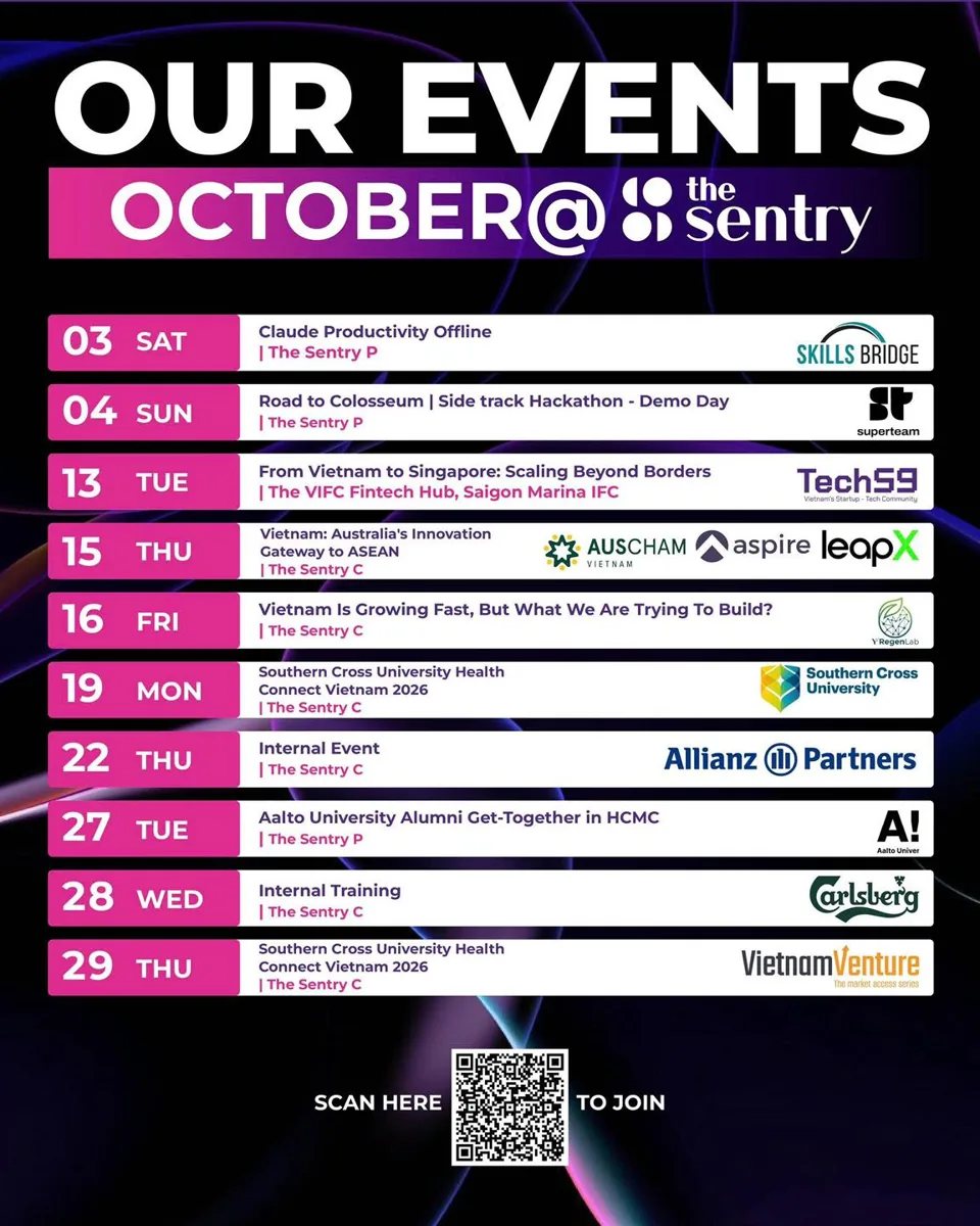 The Sentry October 2026 calendar listing Southern Cross University Health Connect Vietnam 2026 on 2026-10-19