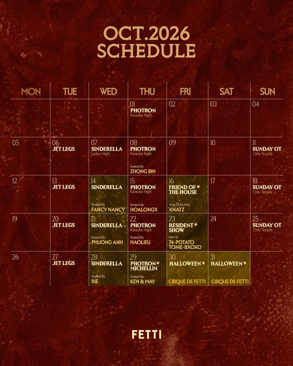 FETTI Social Club October 2026 schedule poster listing Sunday OT, Sinderella, Friend of the House, Resident Show and Halloween: Cirque de Fetti