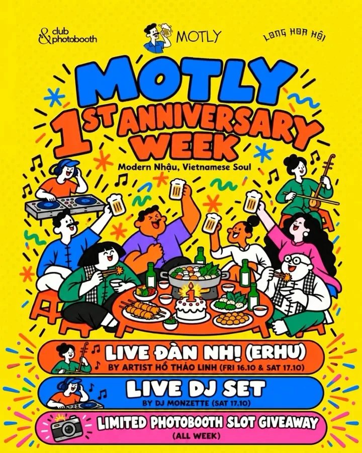 MOTLY first anniversary poster showing the full 13–18 October photobooth programme, alongside erhu and DJ nights.
