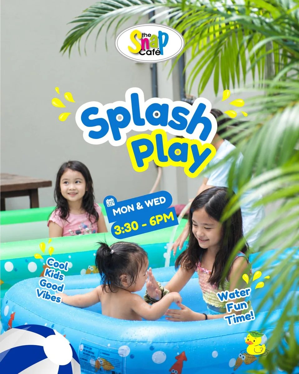 Splash Play poster showing Mon & Wed 3:30-6PM with kids playing in mini pools at The Snap Cafe