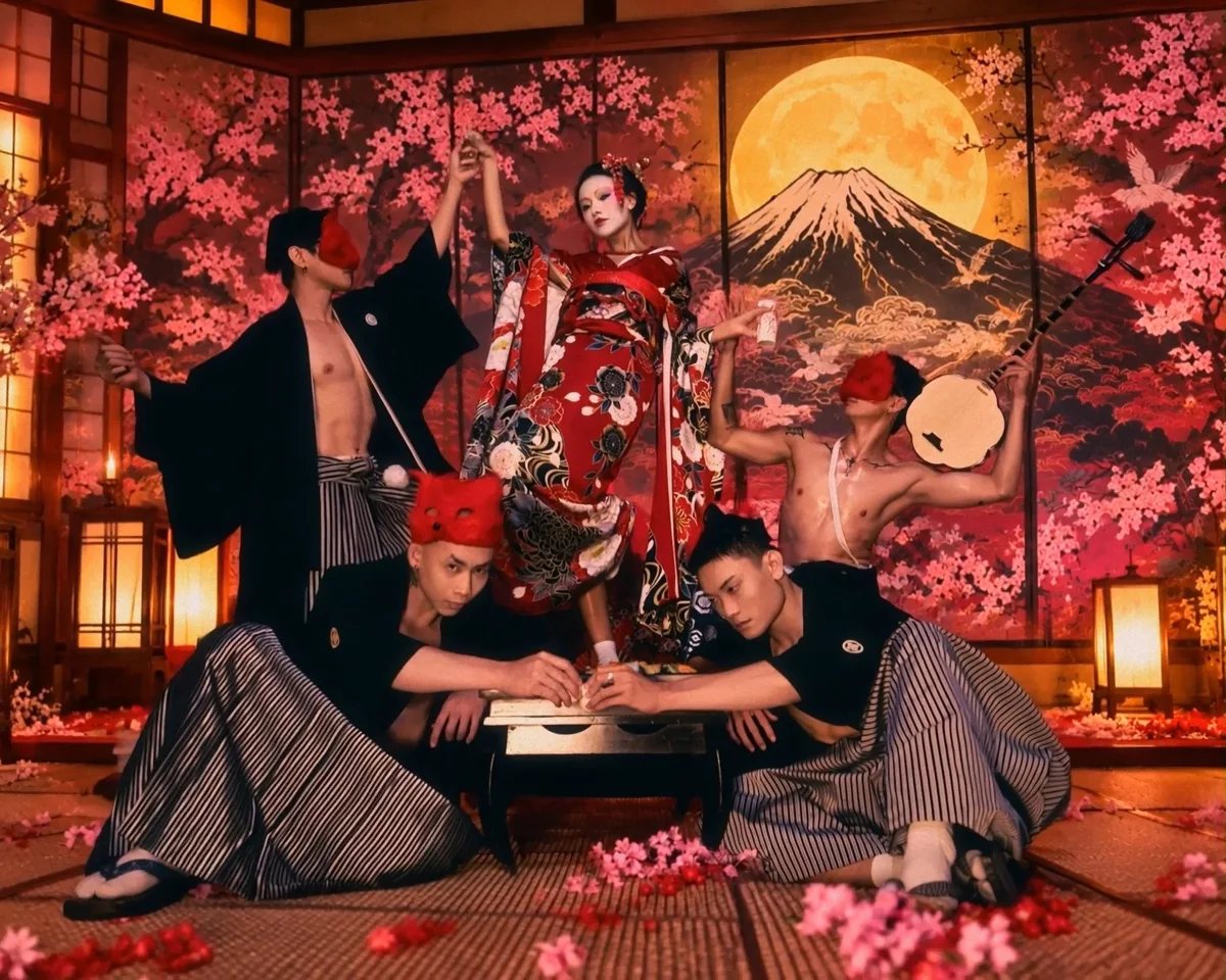 Japanese-themed promotional photo for Secret Hanamachi ladies' night at District K showing performers in traditional attire with cherry blossom backdrop