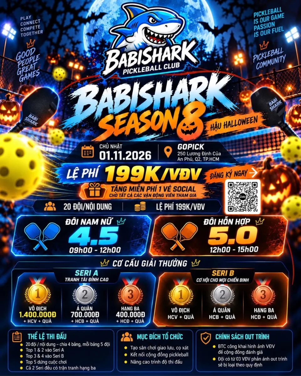 BabiShark Season 8 pickleball tournament poster for 1 November at GoPick, showing the women–men doubles 4.5 and mixed doubles 5.0 divisions