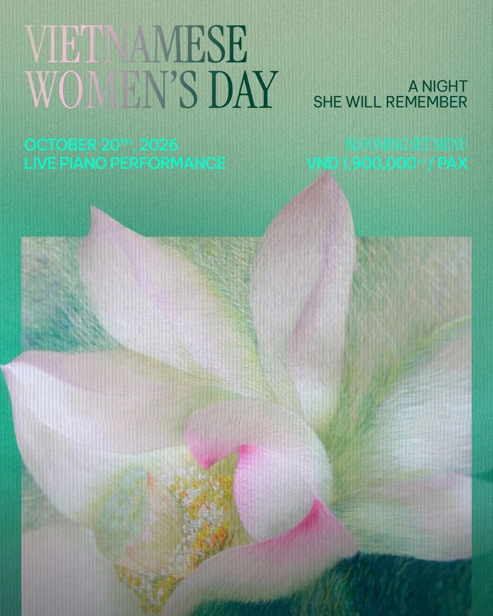 Vietnamese Women's Day event poster: October 20th 2026, Live Piano Performance, Blooming Set Menu, VND 1,900,000++ per pax, at SENS Dine & Wine