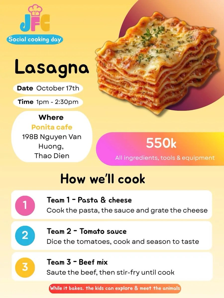 JFC Social cooking day poster for Lasagna class on October 17th, Ponita cafe, Thao Dien