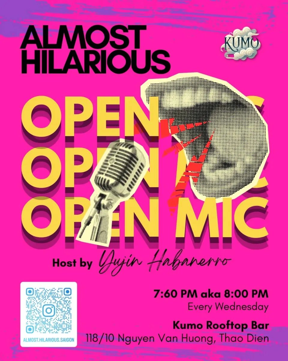 Organizer poster for Almost Hilarious Open Mic at Kumo Rooftop Bar on 2026-10-14.