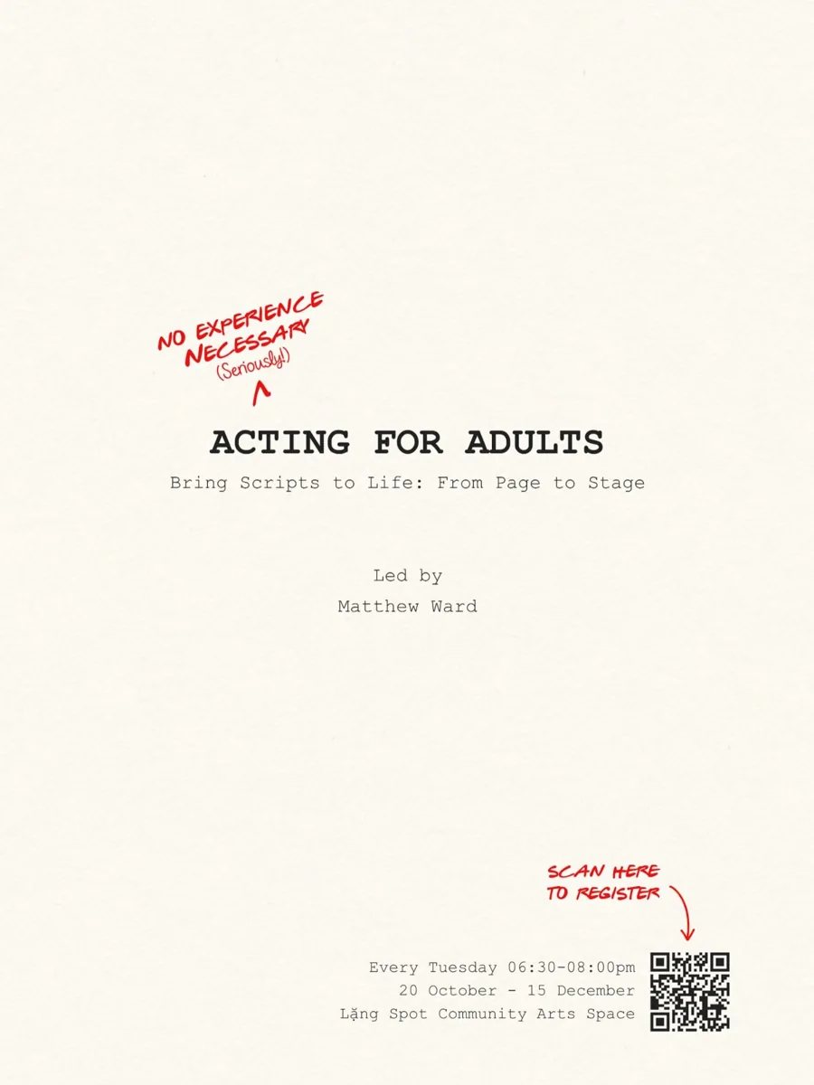 Adult acting course poster with Tuesday time and term dates