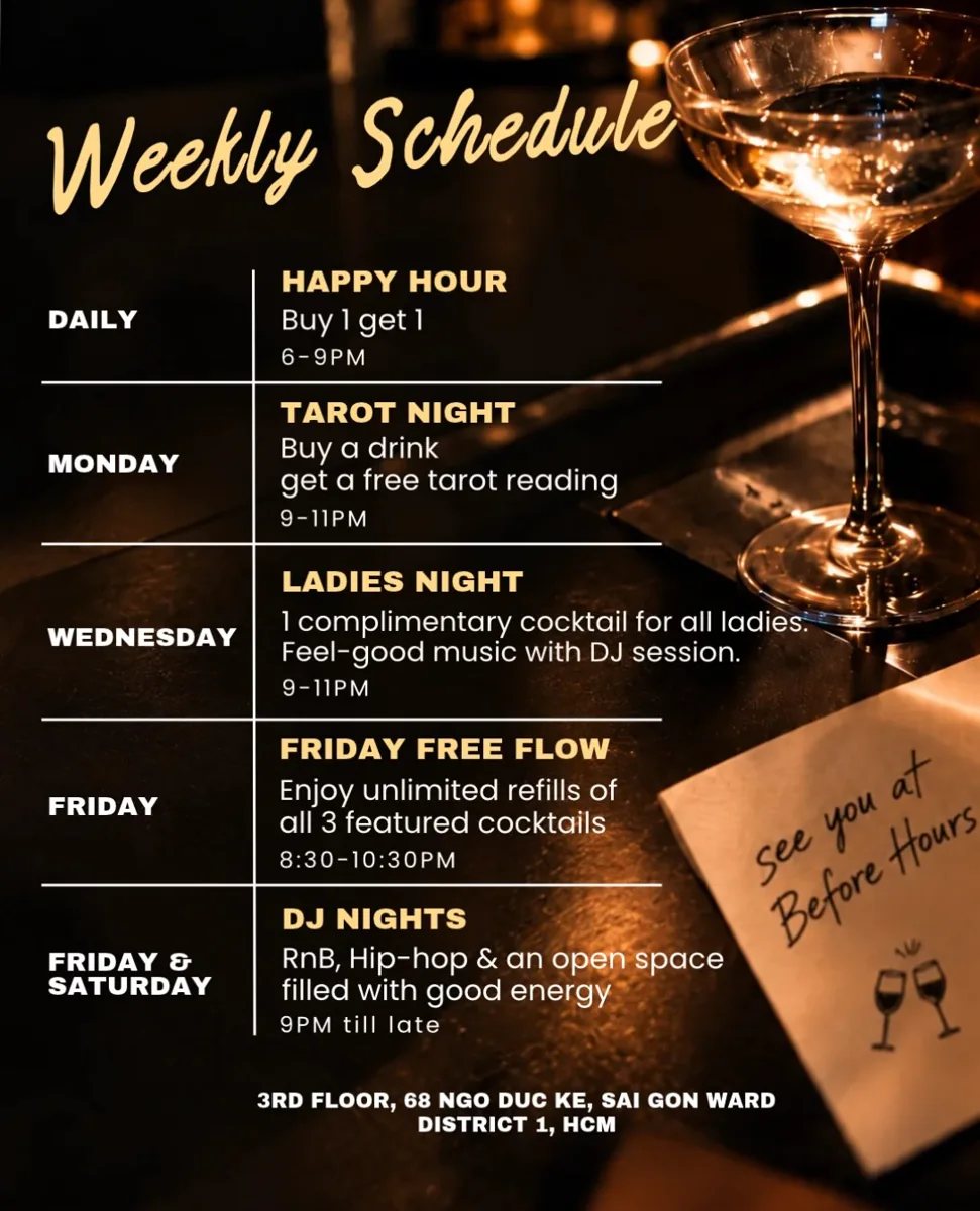 Before Hours weekly schedule: Monday tarot, Wednesday ladies night, Friday cocktail free flow, and Friday/Saturday DJ nights.