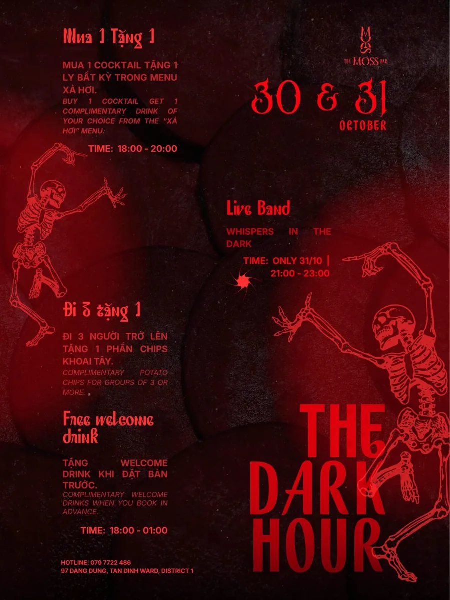 The Dark Hour poster covering both 30 and 31 October, including offers on both nights and Whispers in the Dark live only on 31 October.