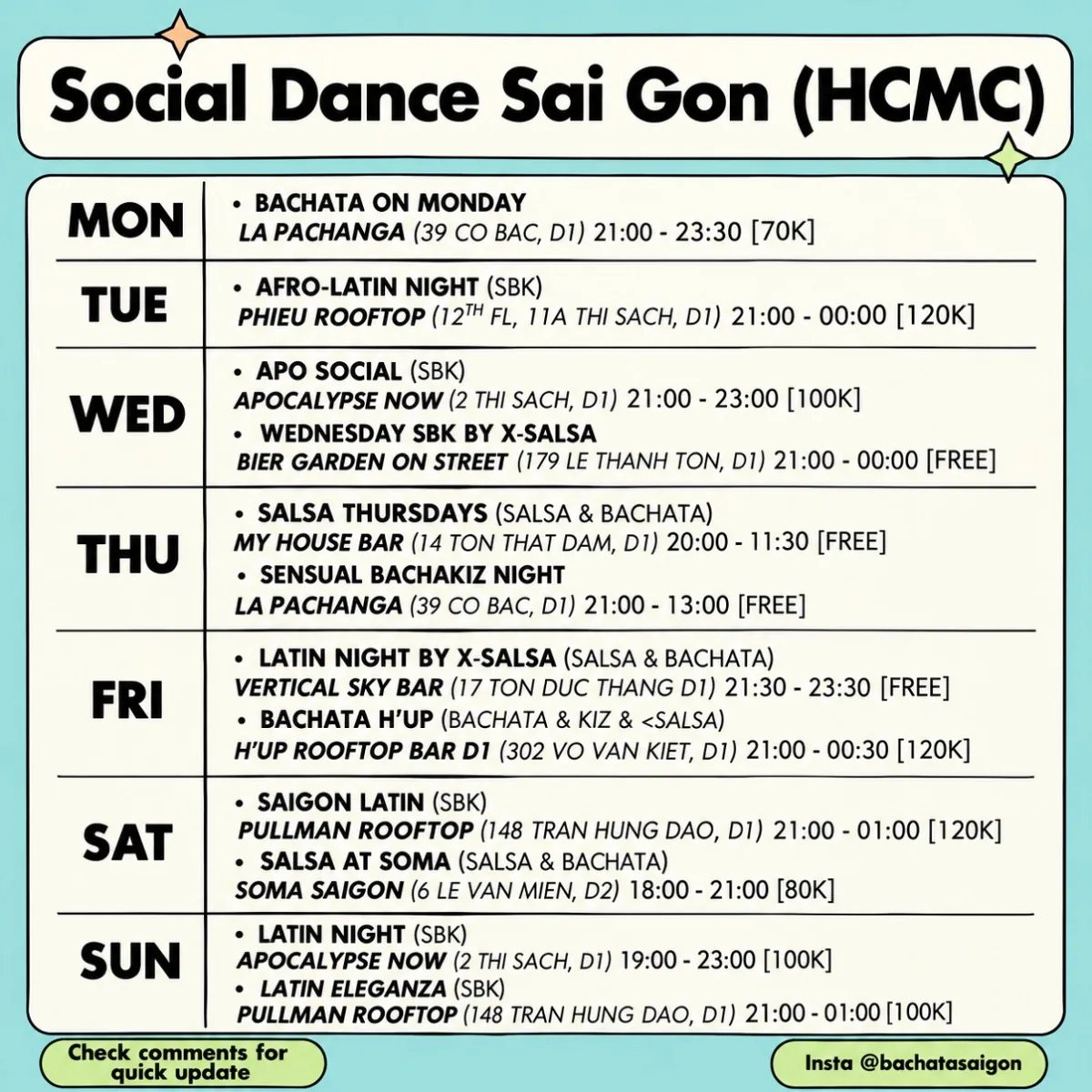 Weekly Saigon social dance timetable with venues, times and admission prices