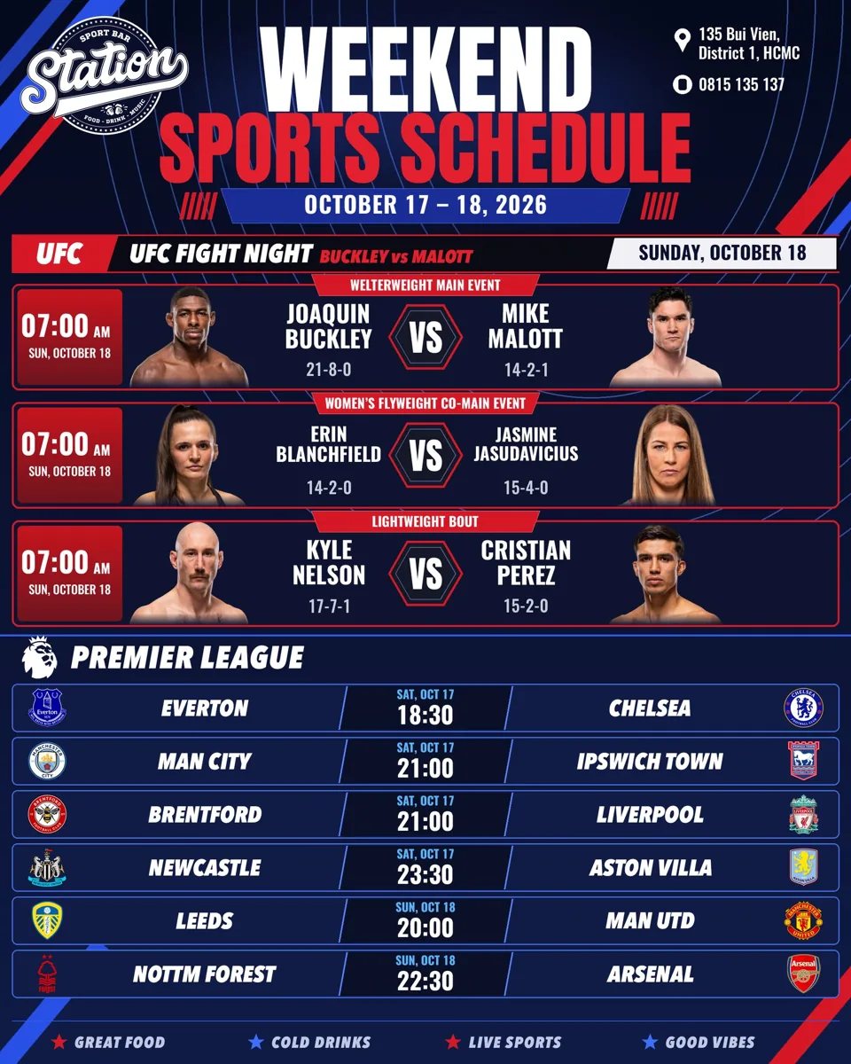 Station Sports Bar weekend sports schedule for October 17–18, 2026, covering Premier League and UFC screenings.