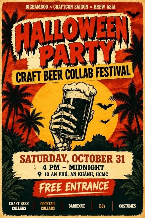 Halloween Party Craft Beer Collab Festival poster at BigBamBoo, Saturday October 31, 4PM-Midnight, 10 An Phu An Khanh HCMC, Free Entrance. Collaborators: BigBamBoo, CraftCon Saigon, Brew Asia.