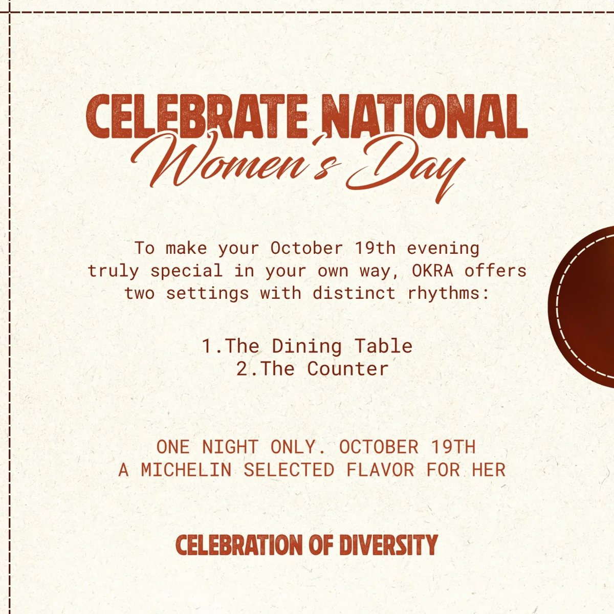 Celebrate National Women's Day at OKRA, one night only October 19