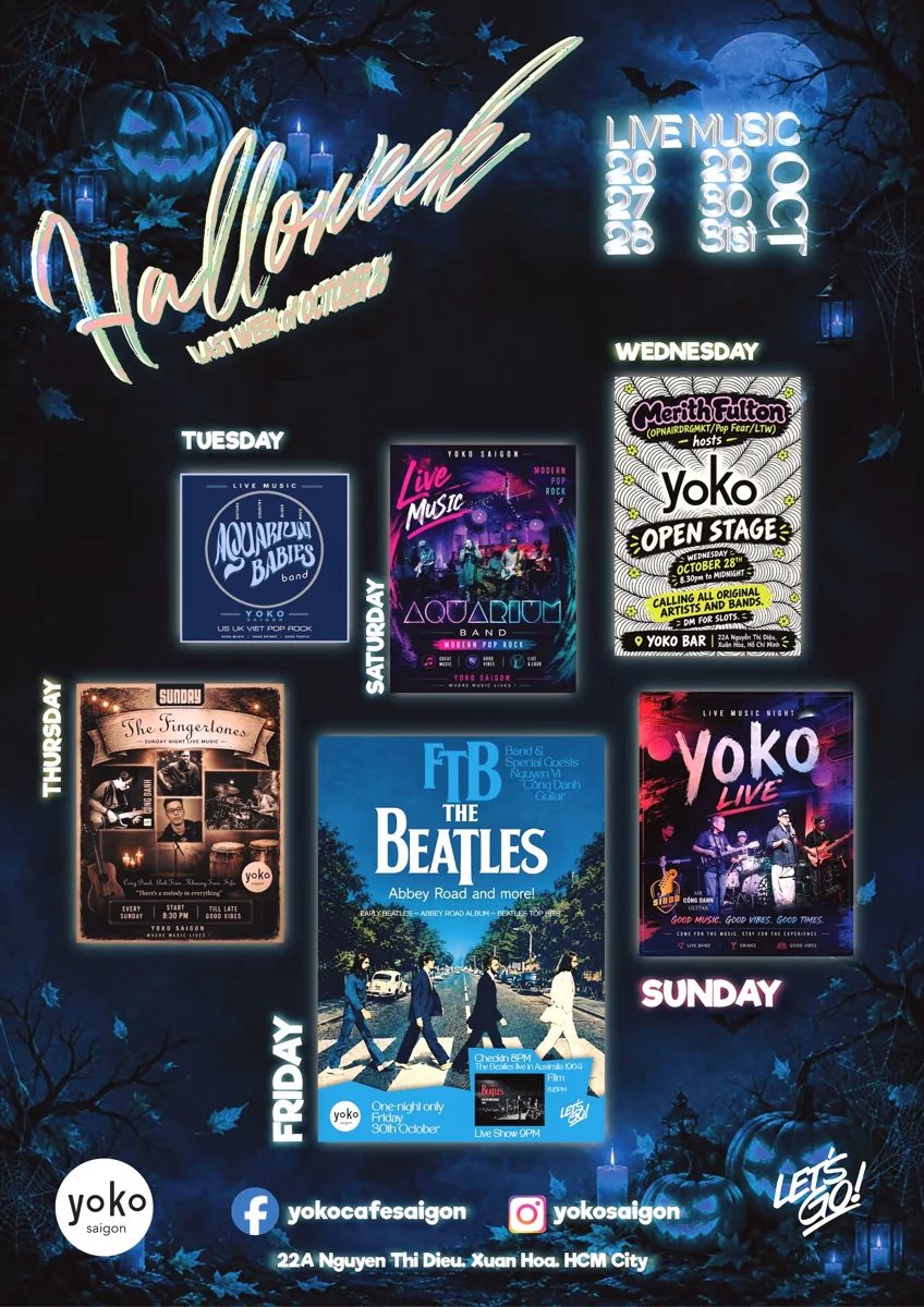Yoko Halloweek poster showing the full 27 October–1 November 2026 live-music programme, with weekday labels for each act; inset designs may refer to older shows.