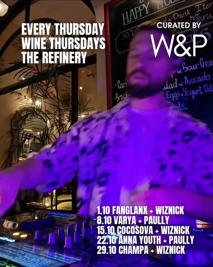 Organizer promotional poster for Wine Thursdays: Cocosova & Wiznick.